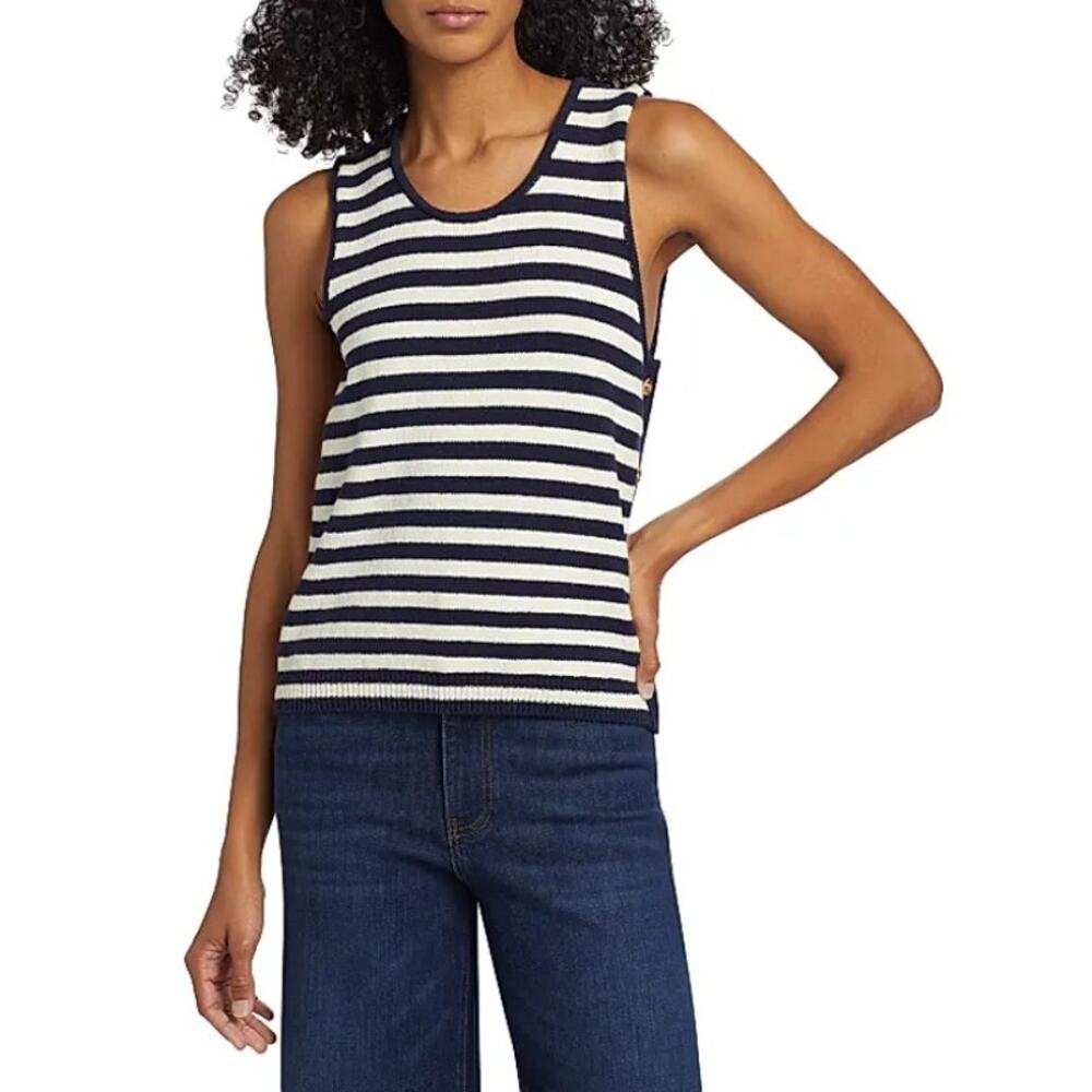 Frame Women Navy Nautical Striped Cotton Knit Mariner Sweater Tank Top Size S